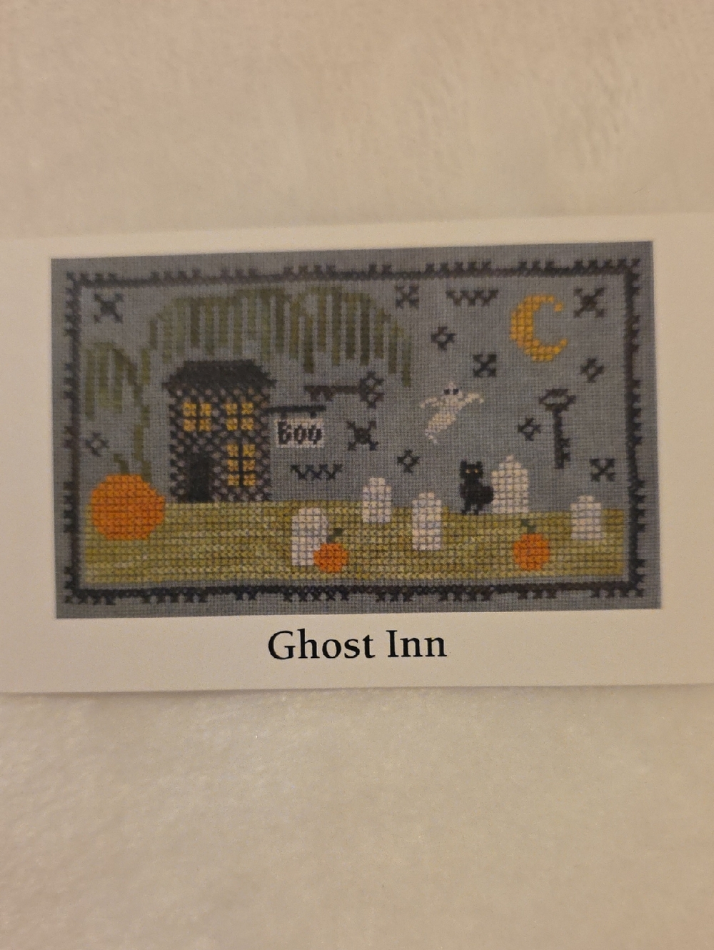 Ghost Inn Halloween Cross Stitch Art - Blue, Green, Orange